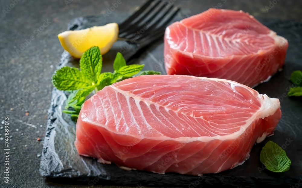 Fresh raw tuna steak with mint and lemon. On dark rustic background