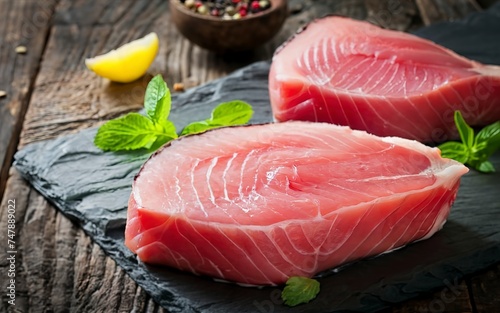 Fresh raw tuna steak with mint and lemon. On dark rustic background