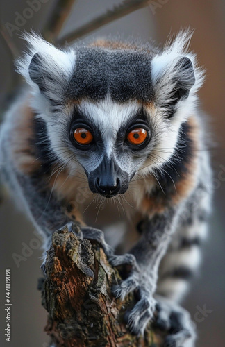 Illustration of a lemur standing on a tree, in the style of dark white and light gray, delicate markings, stripes, exaggerated facial features, wild animals.