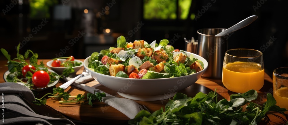 Fresh caesar salad with tomatoes, cheese and olives on black background