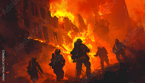 A digital illustration of agroup of firefightersbattling a raging inferno their silhouettes outlined Generative AI photo