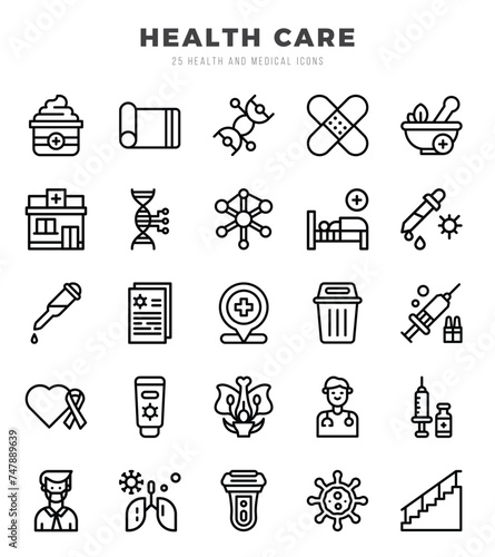 Set of simple Lineal HEALTH CARE Icons. Lineal art icons pack. Vector illustration.