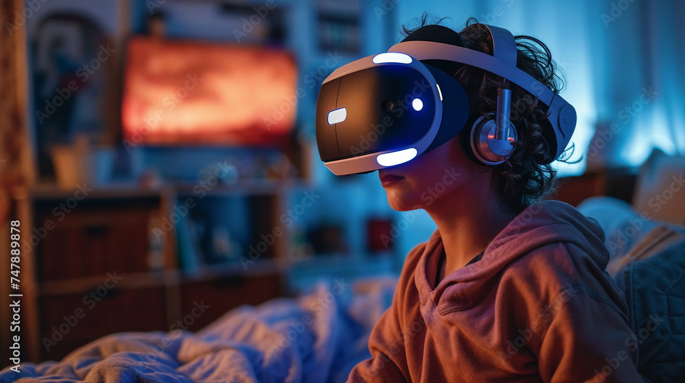 Engrossed in a digital world, a person wearing a VR headset is lit by the soft, ambient light of a cozy bedroom. Engrossed in a digital world, a person wearing a VR headset is lit by the soft, ambient light of a cozy bedroom.