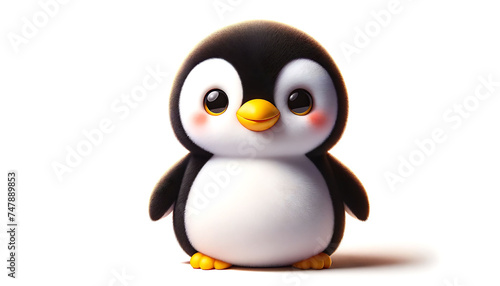 A cute, chubby cartoon penguin with big eyes and rosy cheeks stands against a white backdrop.