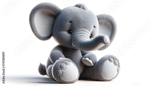 A soft 3D-rendered baby elephant toy with a playful pose and endearing eyes, highlighted by sunlight.