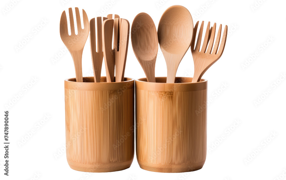 A collection of wooden utensils neatly arranged inside a cup on a table. The utensils include various sizes of spoons, spatulas, and cooking forks. A collection of wooden utensils neatly arranged inside a cup on a table. The utensils include various sizes of spoons, spatulas, and cooking forks.