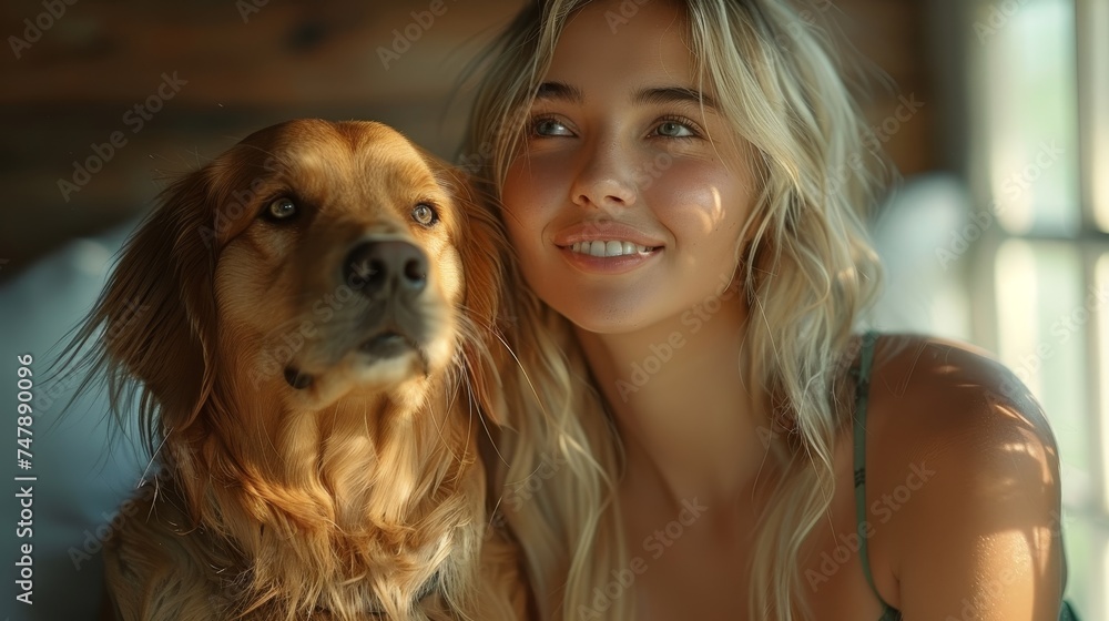 An attractive woman in a green summer dress sits on the couch petting a golden retriever breed dog in a modern apartment home relaxing fashion style trend