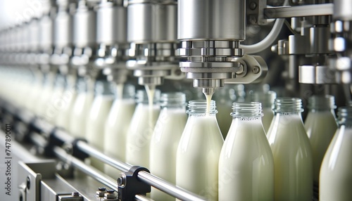 Automated filling machines precisely dispensing milk into bottles on a production line.
