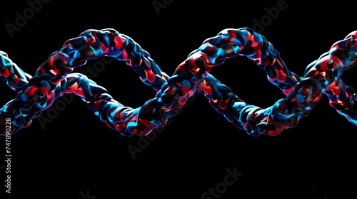 Rings of a DNA helix intertwine in a complex dance, represented in vibrant blue and red, suggesting the intricate nature of genetic bonding. AI Generative