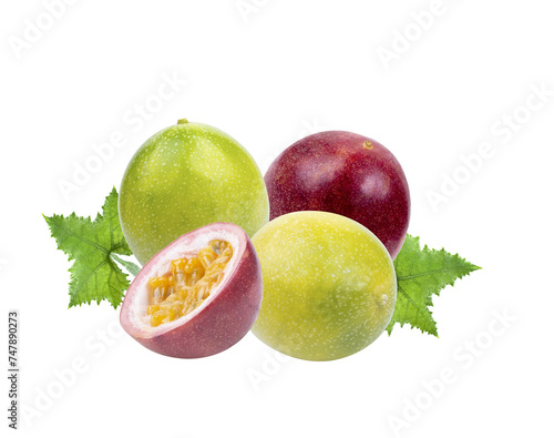Yellow passion fruit, purple, maraquia passion fruit, isolated on white background, is a package design element on transparent. photo