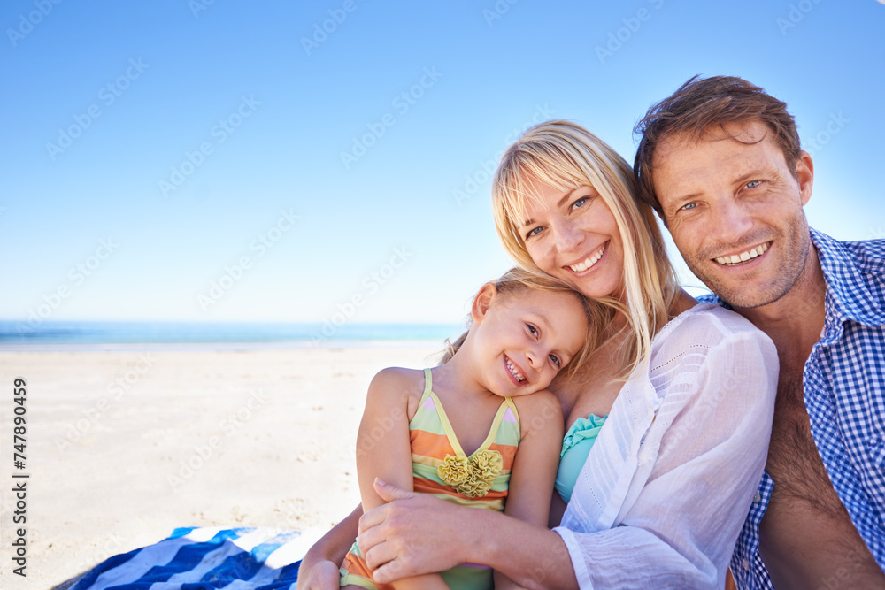 Family, beach and parents with kid for travel, holiday in Sydney for summer and happy together. Man, woman and young girl in portrait with ocean for adventure, trust and support with bonding outdoor