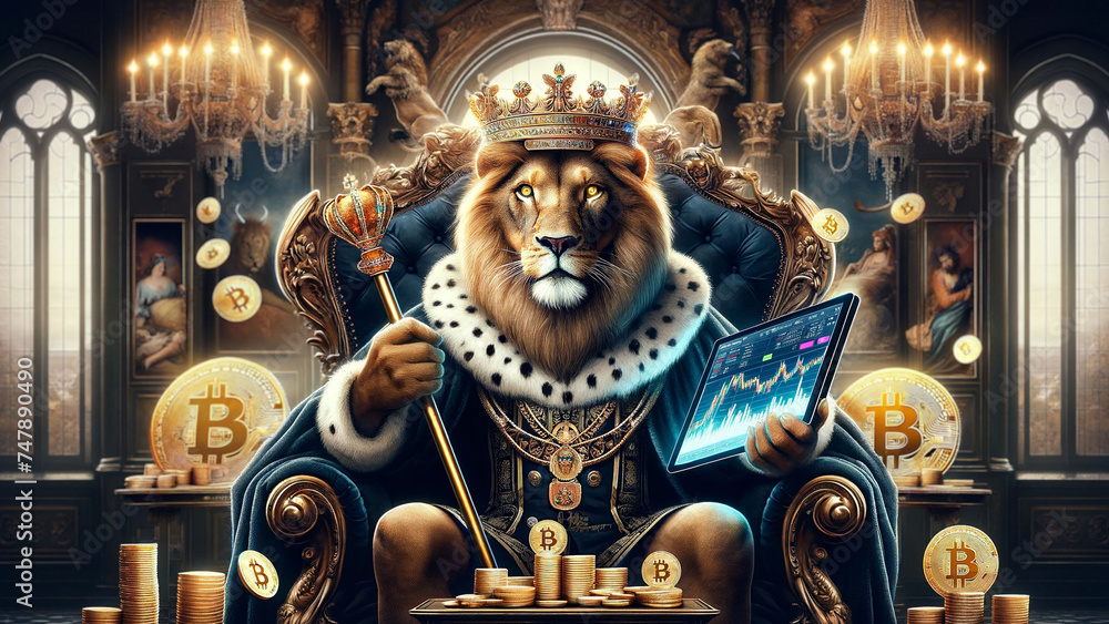 Lion King with Bitcoin Symbols in Luxurious Throne Room. Lion King with Bitcoin Symbols in Luxurious Throne Room.