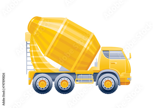 Truck mixer for cement and concrete. 3d vector toy car. Construction cement mixer machine. Isolated on white background. Cartoon icon illustration. Cute baby boy toy truck for fun game. Building car