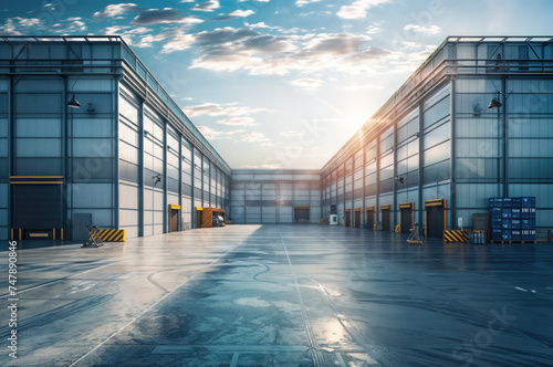 Large industrial warehouse building. Storehouse of business operations for storage, logistics, and distribution, utilizing modern technology for efficient transportation and shipping,