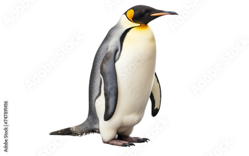 A penguin is standing on its hind legs on a white background. The penguin is balancing itself on its flippers while looking curiously ahead.