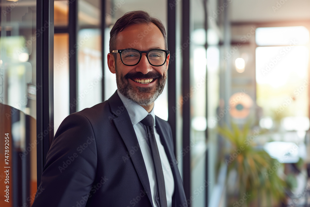 Confident male entrepreneur with a friendly smile in a contemporary corporate setting Confident male entrepreneur with a friendly smile in a contemporary corporate setting