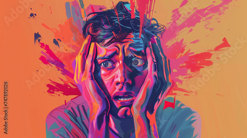 Young man with worried stressed face expression, illustration
