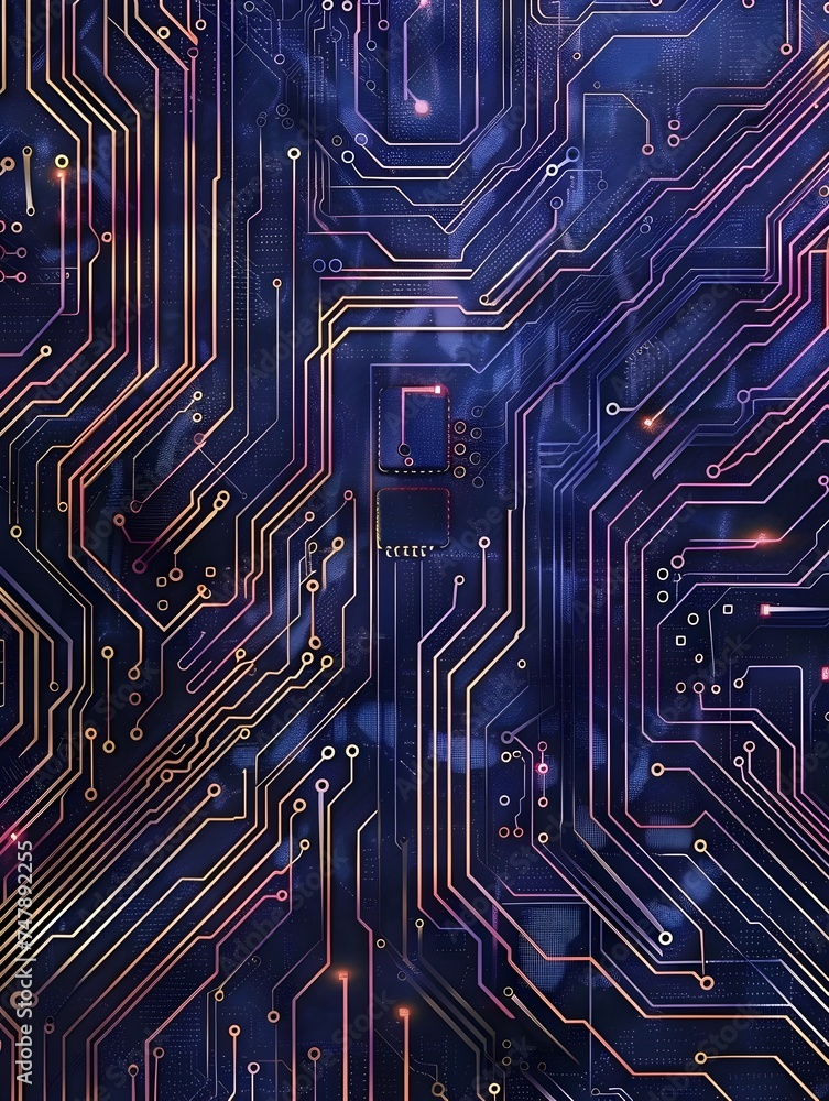 Vibrant circuit electronic computer background texture in the style of technology-based art with circuit boards and chips against a dark sky-blue and violet background