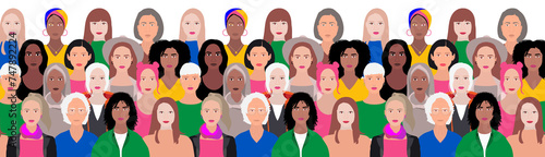 diversity women, cultural ethnic age diverse, illustration of young adult teen elderly female faces front view, concept of women's day 8 march, women networking social group togetherness empowerment