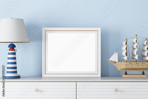 Mock up frame in kids room, 3d render	

