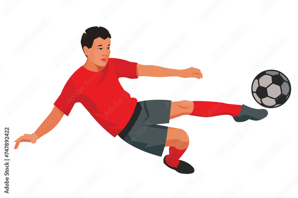 Chinese boy figure of a school football player in a red sports uniform jumps to hit the ball