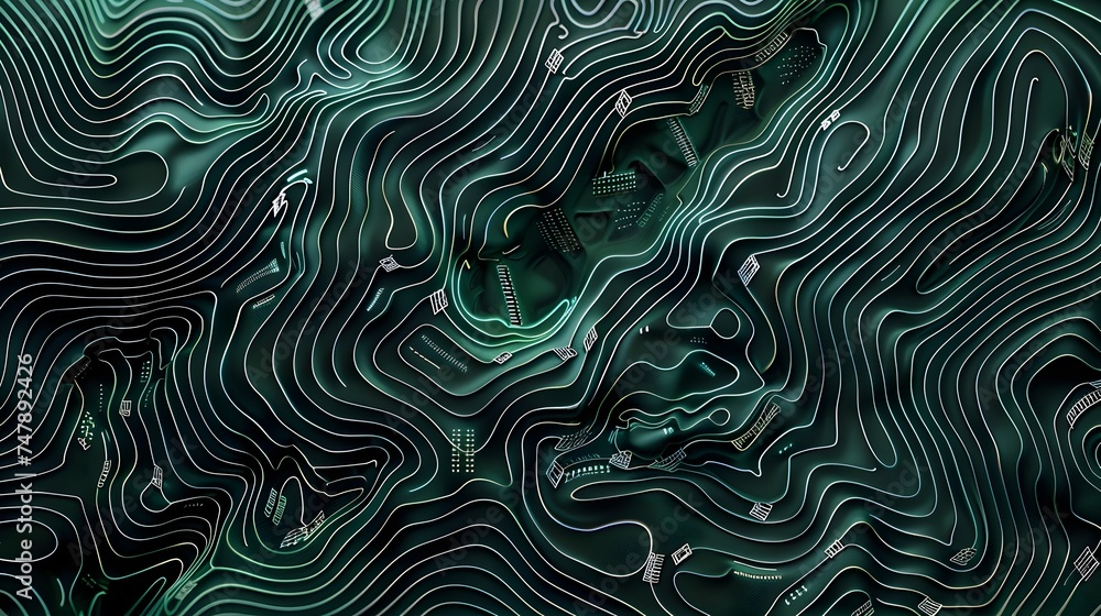 This image features a highly detailed and intricate abstract green background created in the style of accurate topography and data visualization The image shows a 3D animation of a green landscape wit - obrazy, fototapety, plakaty 