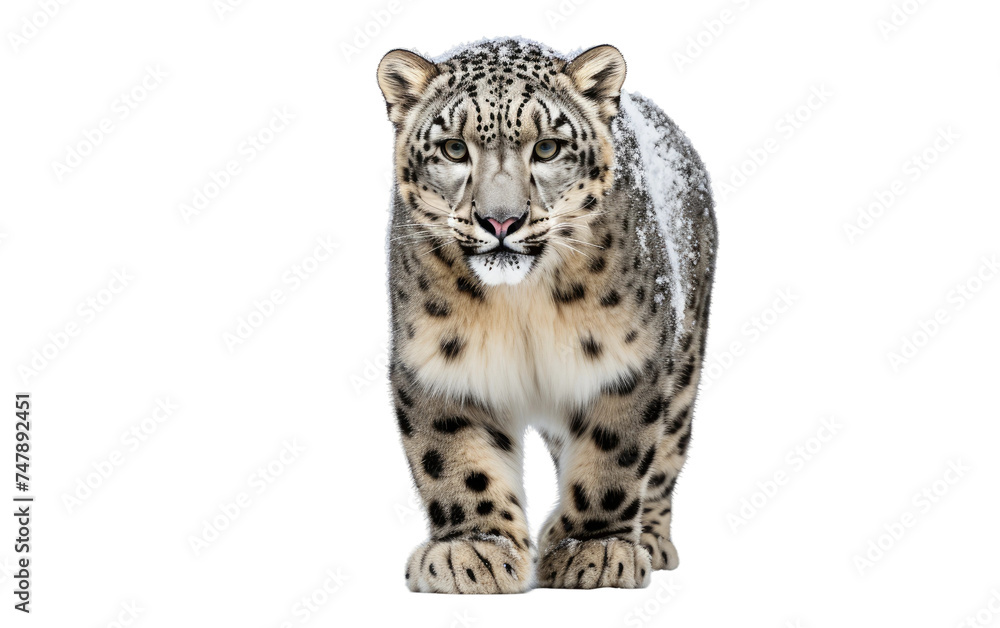 Obraz premium A snow leopard, a majestic big cat native to the mountain ranges of Central and South Asia, is seen confidently striding. The leopards distinctive long tail and luxurious fur coat are visible.