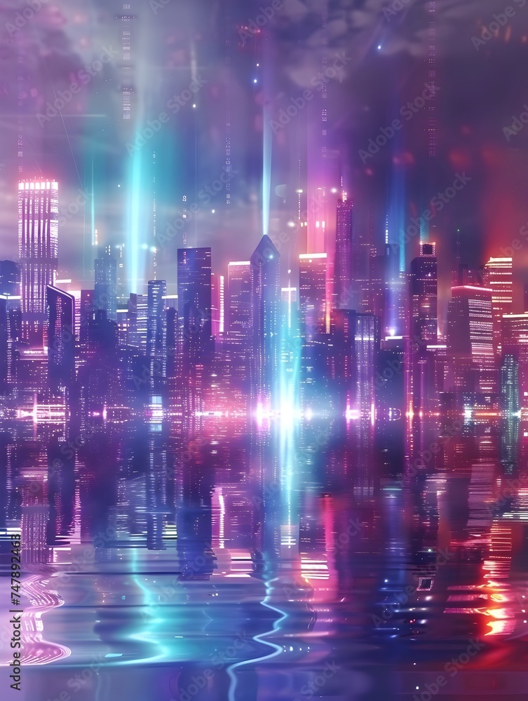 A futuristic city scene with vibrant shimmering neon lights and water in the style of a surreal and dreamlike cityscape
