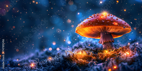 Magic mushroom glowing in the forest with dark blue bokeh lights background mushroom in the forest with a blue background Ai Generative