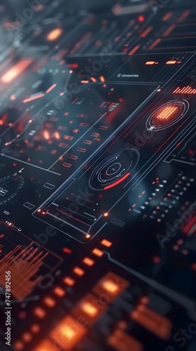This abstract illustration showcases a bright red background with orange circuitry in the style of The image features an abstract 3d image of technology and circuits in the st