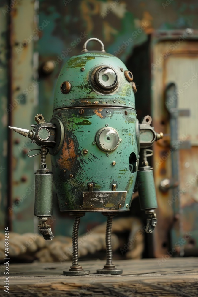 Old battered mini robot with old old technology, they are already rusty. Generative AI