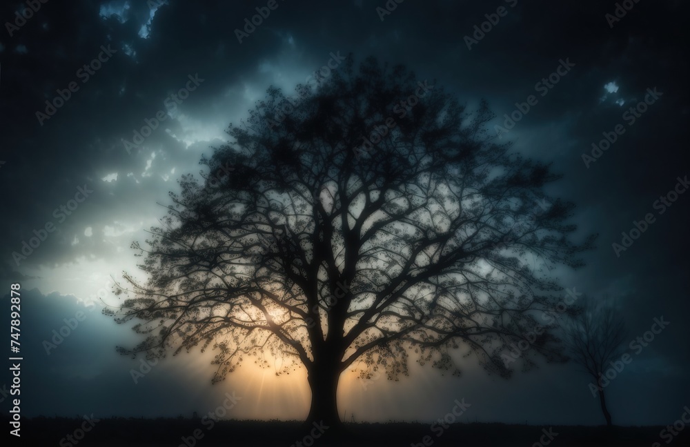 Dark silhouette of a tree against a backlit sky