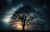 Dark silhouette of a tree against a backlit sky