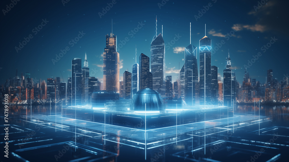 Rooftop and skyscrapers with wireframe hologram, Futuristic city