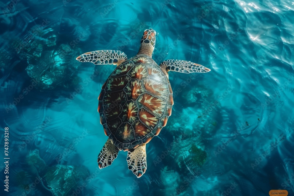 Obraz premium Serene sea turtle swimming over coral reef in crystal clear water