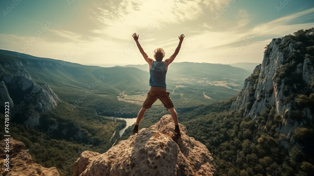 A man with arm up jumping on top mountain, Celebrating success on the cliff.