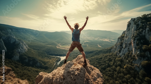 A man with arm up jumping on top mountain, Celebrating success on the cliff.
