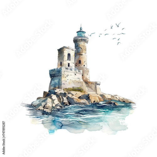 Pharos Lighthouse of Alexandria watercolor on white background.