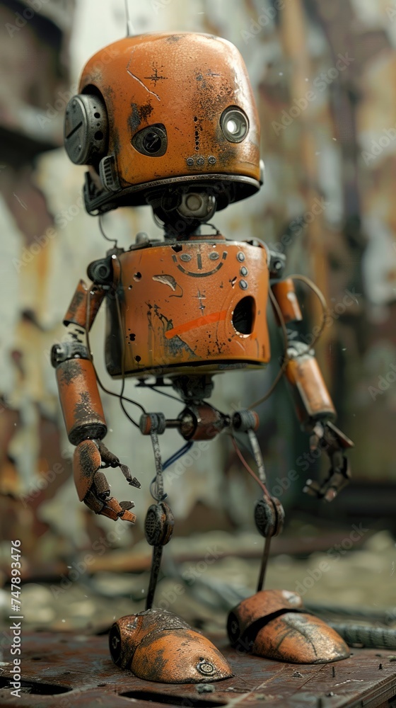 Old battered mini robot with old old technology, they are already rusty. Generative AI