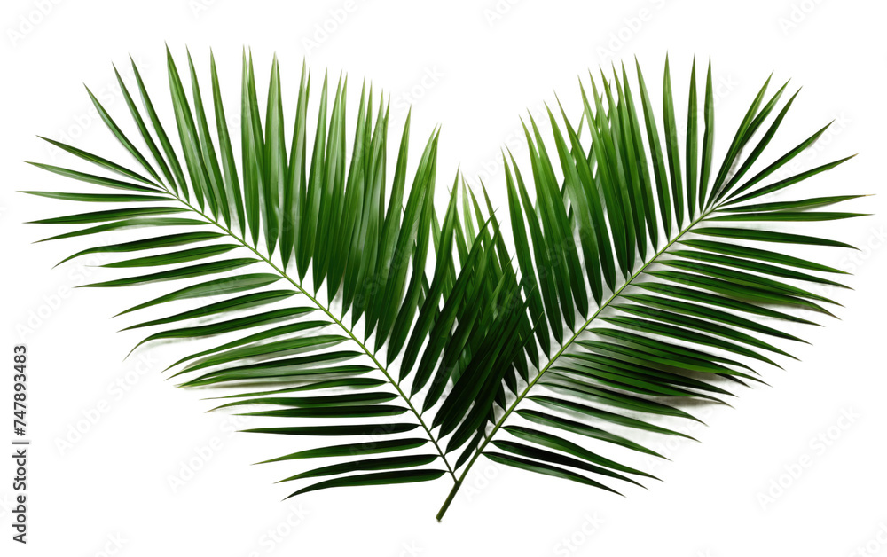 Obraz premium A close up view of a single palm leaf, showing its intricate veins and textures, set against a clean white background. The leaf appears vibrant and detailed, showcasing its natural beauty.