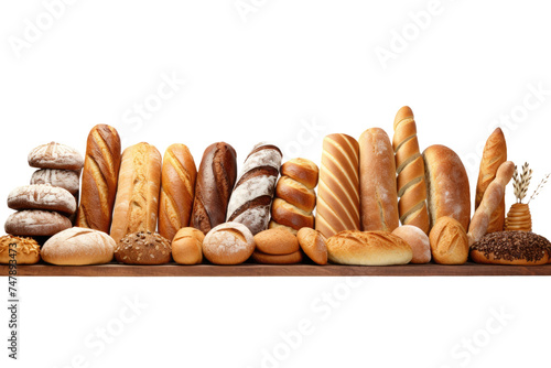 A long row of various breads and pastries is neatly arranged on a wooden table, showcasing a delicious assortment of baked goods.