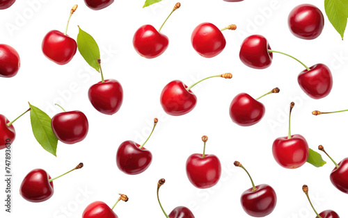 A large quantity of fresh cherries neatly arranged on a clean white background. The cherries are in varying shades of red and are plump and ripe, with green stems attached.