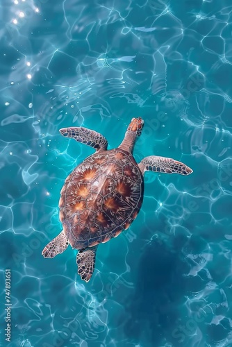 Majestic sea turtle swimming serenely in crystal clear ocean waters surrounded by coral reefs