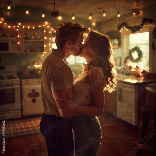 Young couple kissing and dancing in the kitchen.