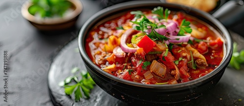 A close up view of a black bowl on a concrete table filled with hamburger cabbage soup. The soup is loaded with chunks of meat, red pepper, onion, tomatoes, and fresh coriander, creating a hearty and