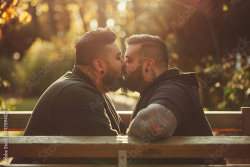 Male couple tenderly kissing in a park photo