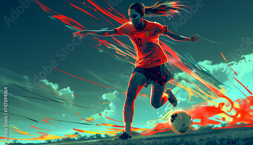 A digital illustration of afemale soccer playerweaving through the defense with precise footworkar7 Generative AI