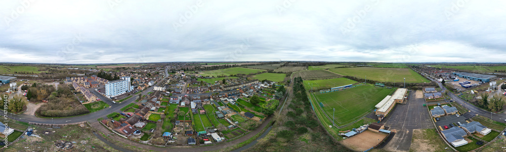 High Angle Ultra Wide Panoramic View of Arseley Town of England UK. The Footage Was Captured During Cloudy and Rainy Day of Feb 28th, 2024