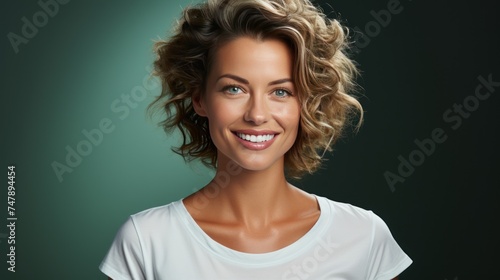 Portrait of a beautiful smiling woman in a white t-shirt