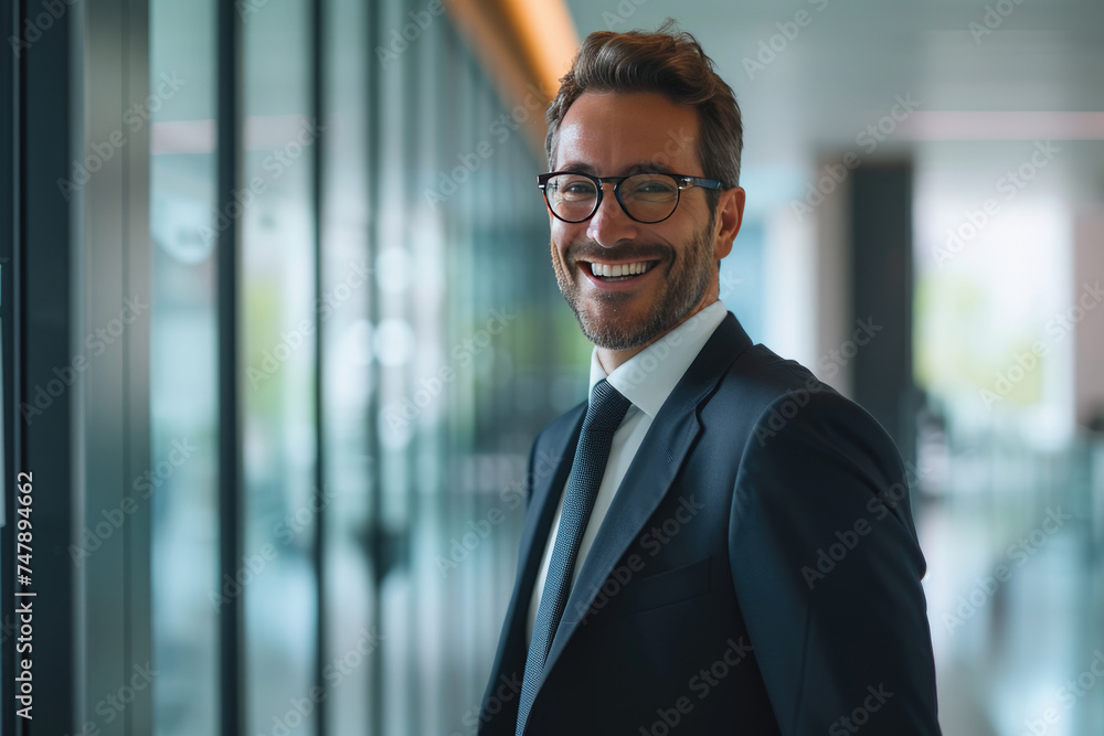Confident male entrepreneur with a friendly smile in a contemporary corporate setting Confident male entrepreneur with a friendly smile in a contemporary corporate setting